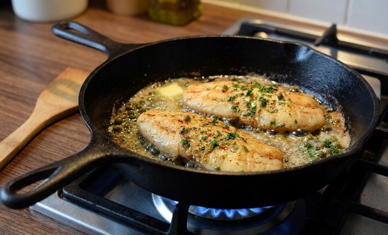 Grouper fillets searing in a hot skillet with bubbling butter and oil, edges turning golden brown on a stovetop