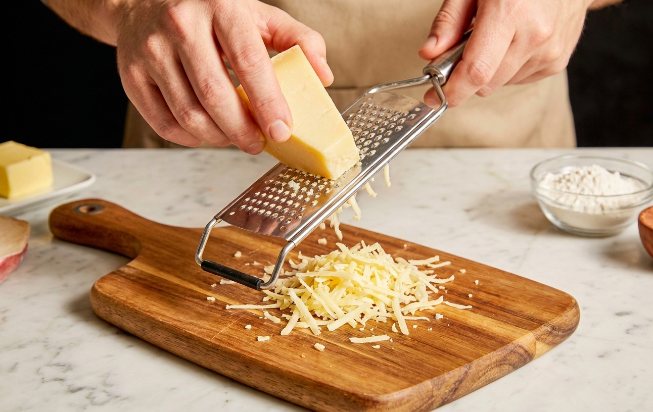 Gruyere cheese being grated over a cutting board on a kitchen counter