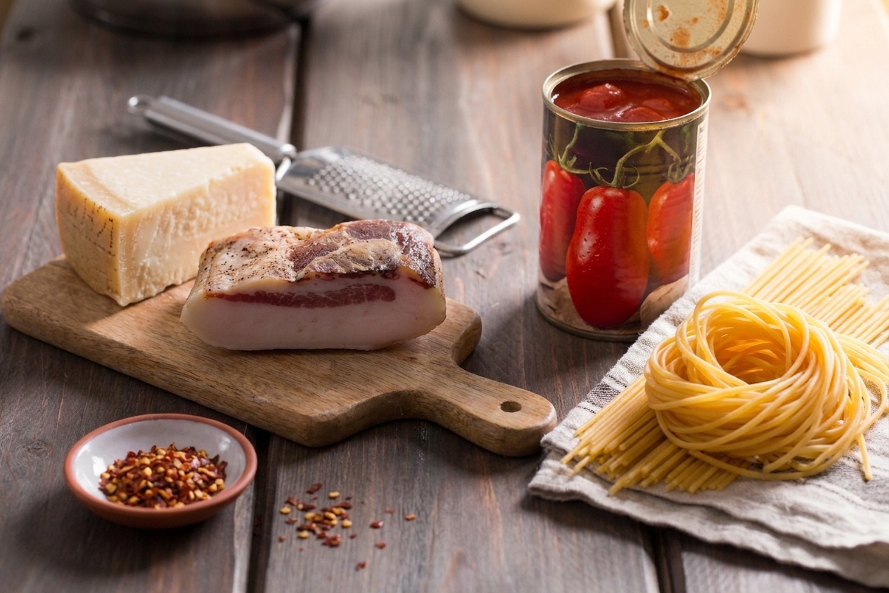 Guanciale, Pecorino Romano, canned whole tomatoes, dried pasta, and a small dish of red pepper flakes arranged on a clean kitchen counter in warm natural light