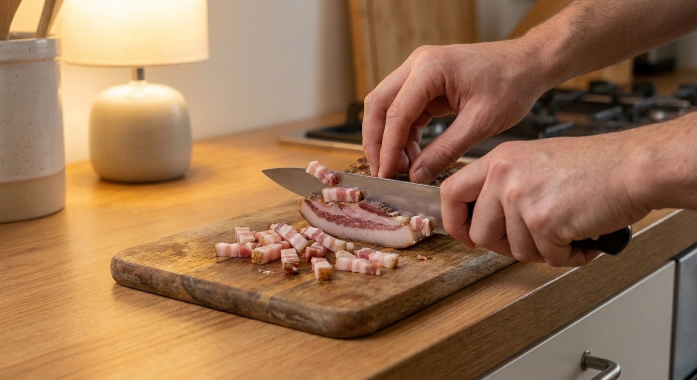 Guanciale being sliced into small lardons on a wooden cutting board with a chef’s knife, warm kitchen lighting