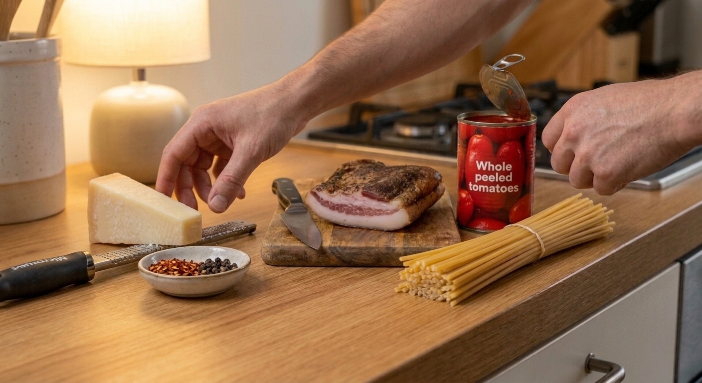 Guanciale, canned whole peeled tomatoes, a wedge of Pecorino Romano, dried chile flakes, black pepper, and bucatini arranged on a clean kitchen counter in consistent warm lighting