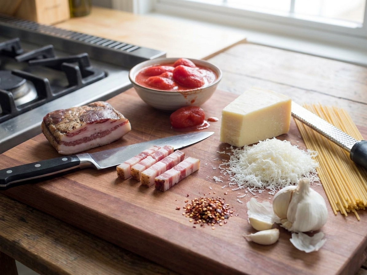 Guanciale, canned whole tomatoes, Pecorino Romano, dried pasta, garlic, and red pepper flakes arranged on a clean kitchen counter with a cutting board and chef knife