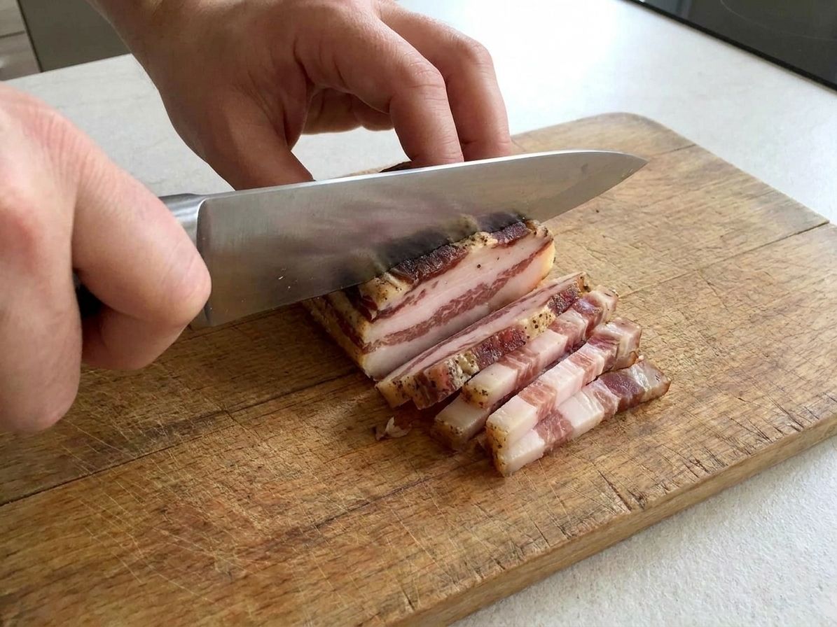 Guanciale cut into small batons, ready to cook