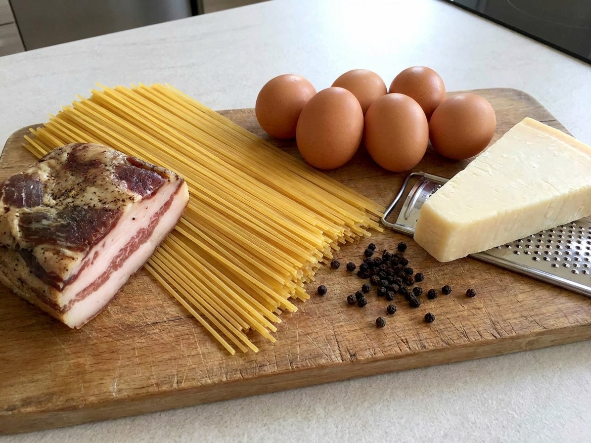 Guanciale, eggs, Pecorino Romano, black pepper, and dried spaghetti gathered and ready to cook