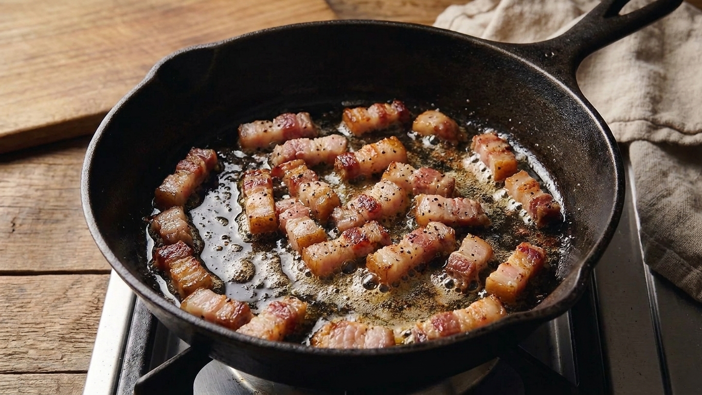 Guanciale pieces cooking as fat renders and bubbles gently in a skillet