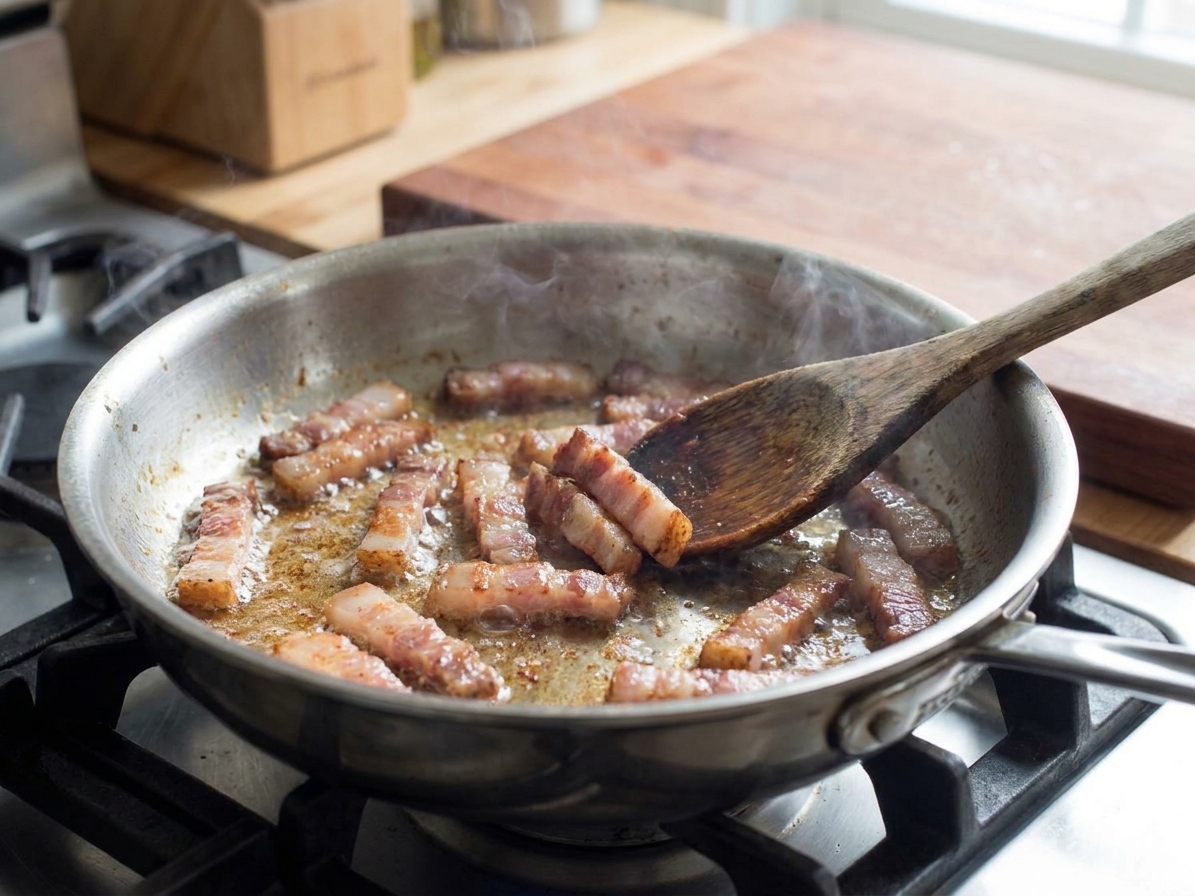 Guanciale pieces sizzling and rendering fat in a stainless steel skillet on a stovetop with a wooden spoon stirring