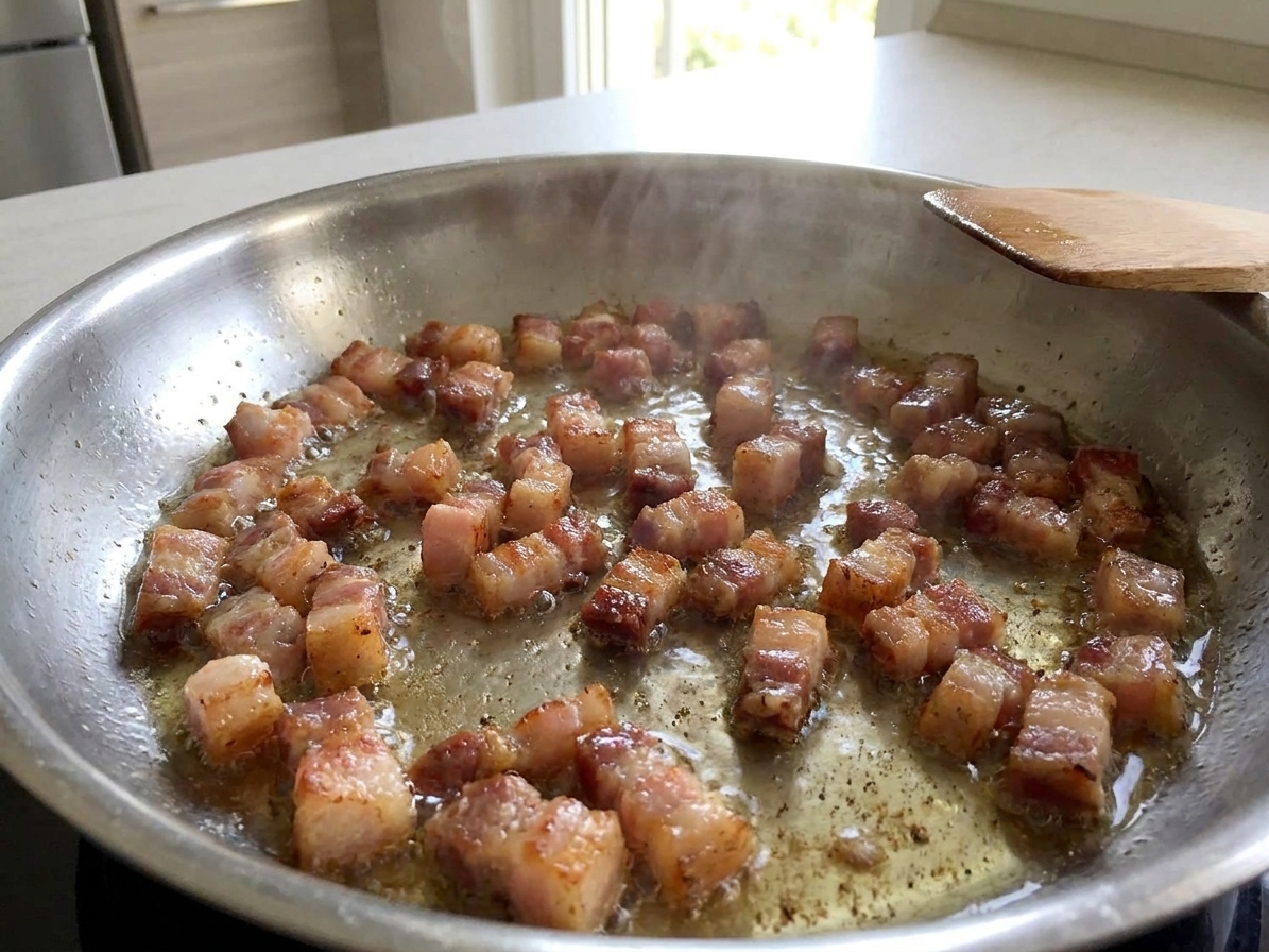 Guanciale pieces sizzling and turning golden in a stainless steel skillet as the fat renders