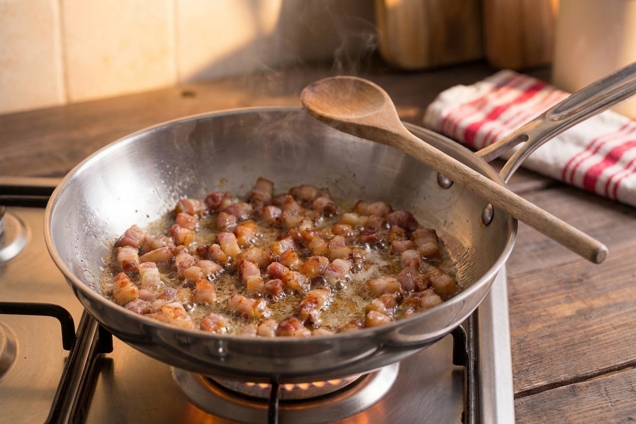 Guanciale pieces sizzling and turning golden in a wide skillet with rendered fat pooling in the pan