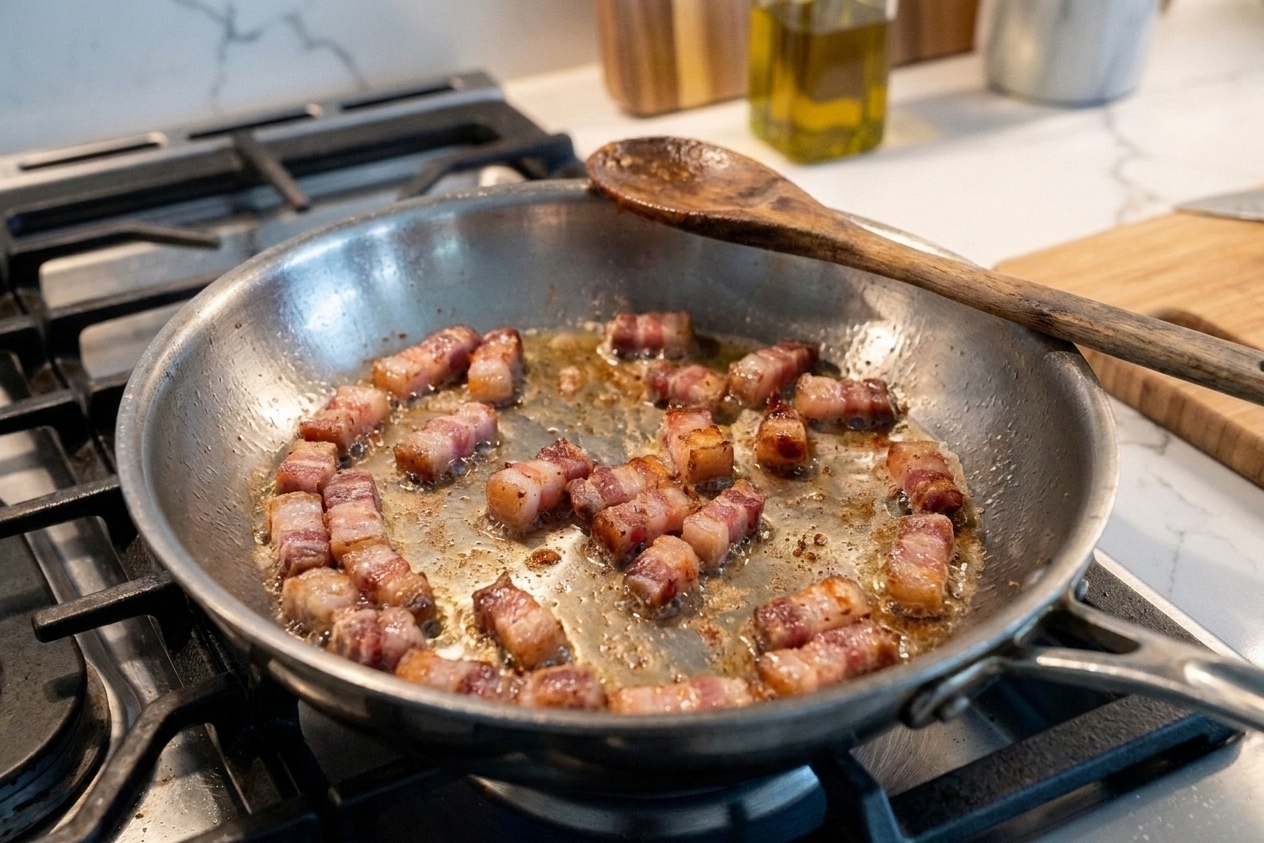Guanciale pieces slowly rendering and turning golden in a stainless steel skillet on a stovetop with gentle bubbling fat