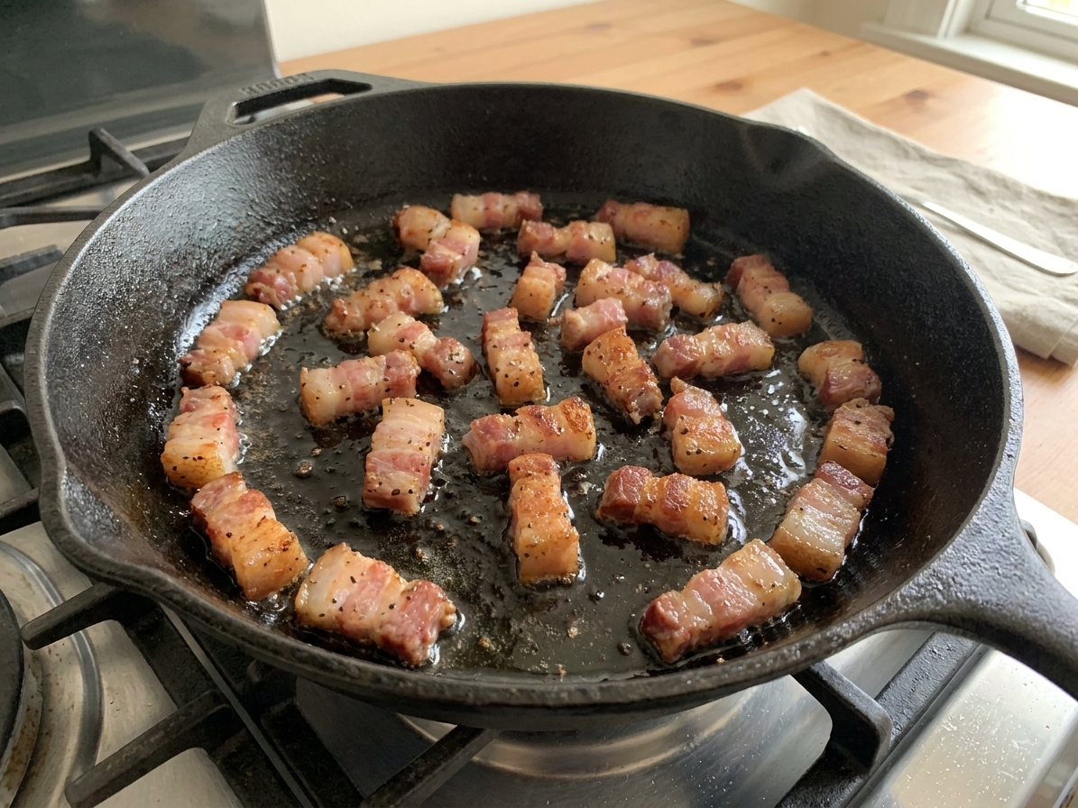Guanciale pieces slowly rendering in a skillet, turning golden and crisp with glossy pork fat pooling in the pan