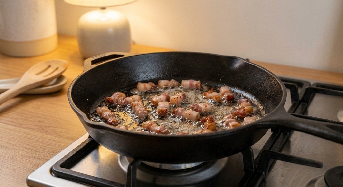 Guanciale pieces slowly rendering in a wide skillet with visible melted pork fat, on a stovetop under warm light
