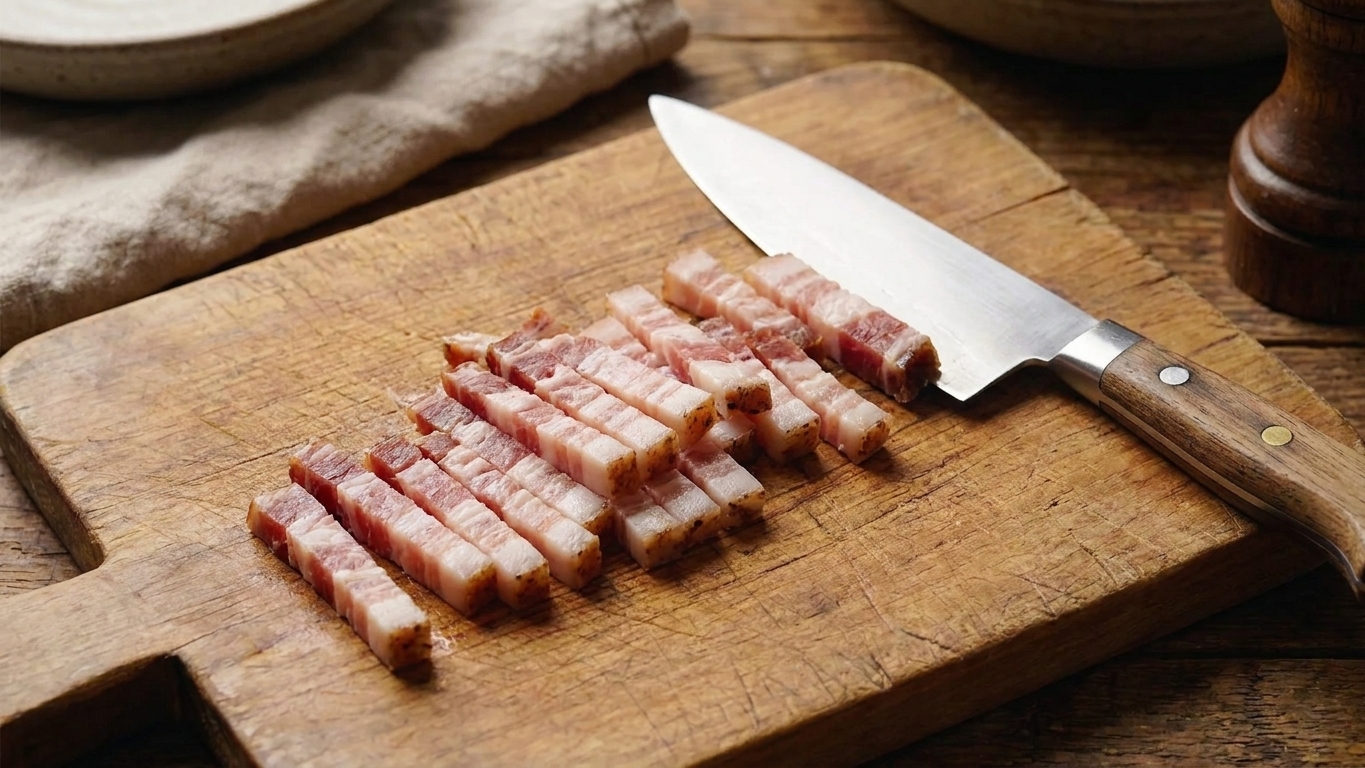Guanciale sliced into small batons on a wooden cutting board beside a chef's knife