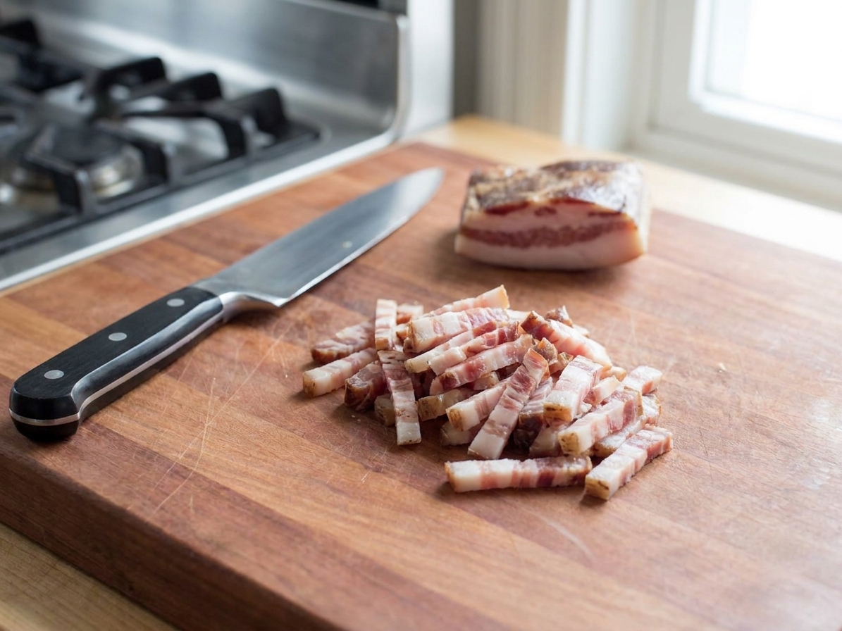 Guanciale sliced into small strips on a wooden cutting board with a chef’s knife beside it on a bright kitchen counter