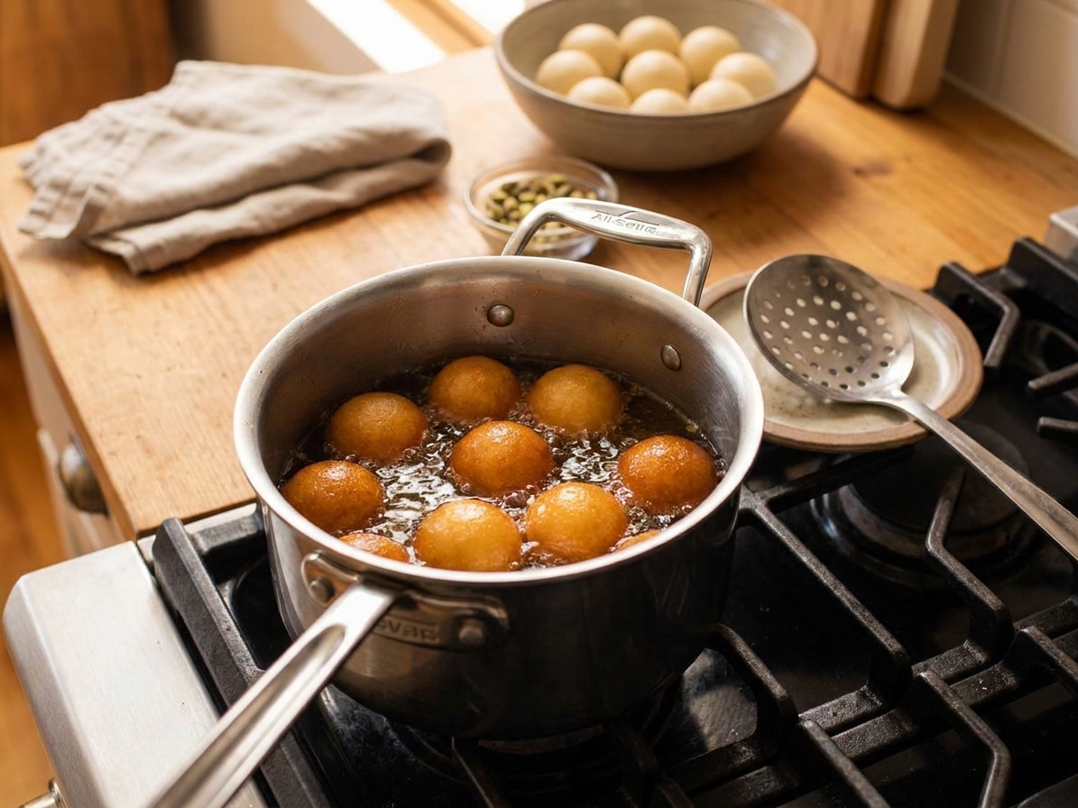 Gulab jamun balls frying in a small deep pot of oil with a slotted spoon nearby on a stovetop