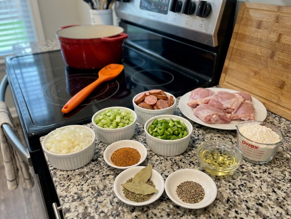 Gumbo ingredients arranged on a kitchen counter including chopped onion, celery, bell pepper, sliced andouille, chicken thighs, flour, oil, and spices in small bowls