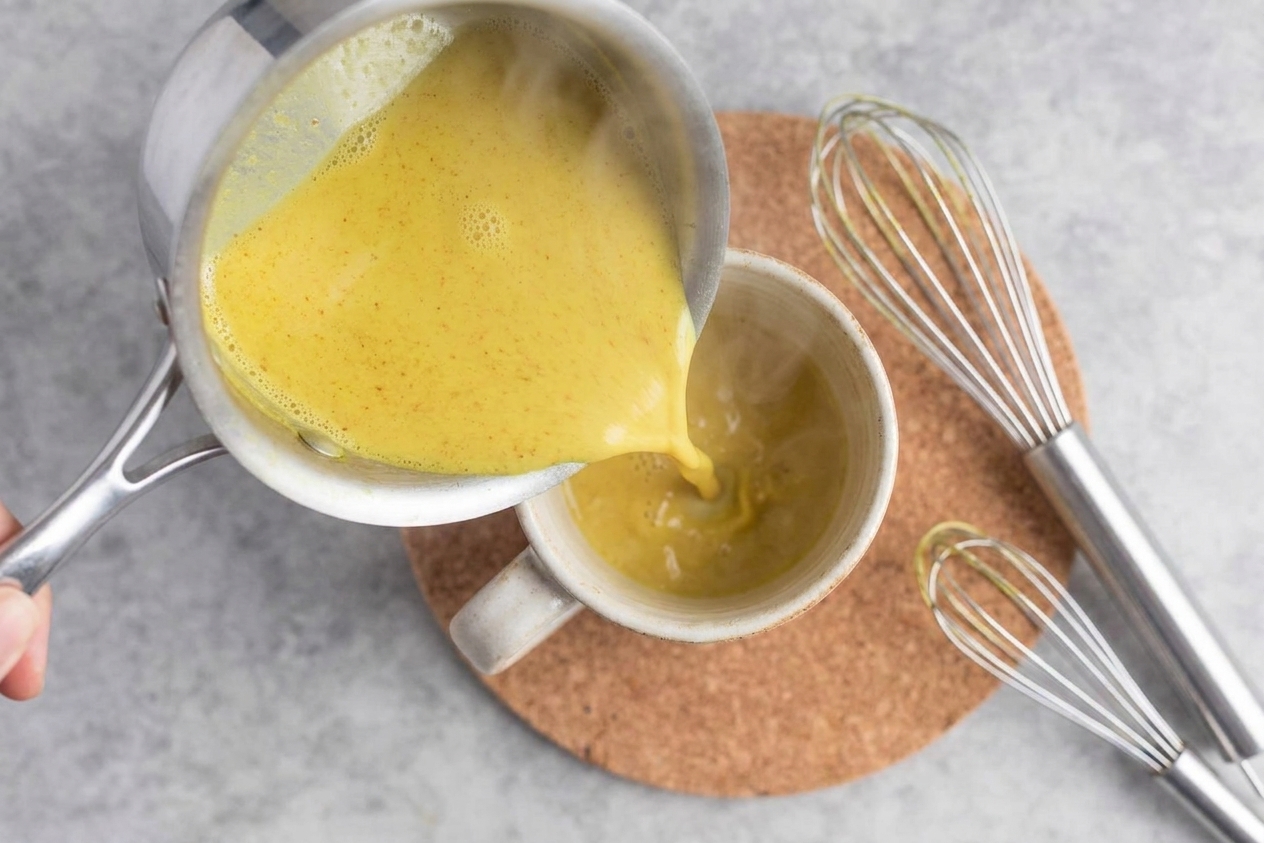 Haldi milk being poured from a small saucepan into a ceramic mug on a kitchen counter