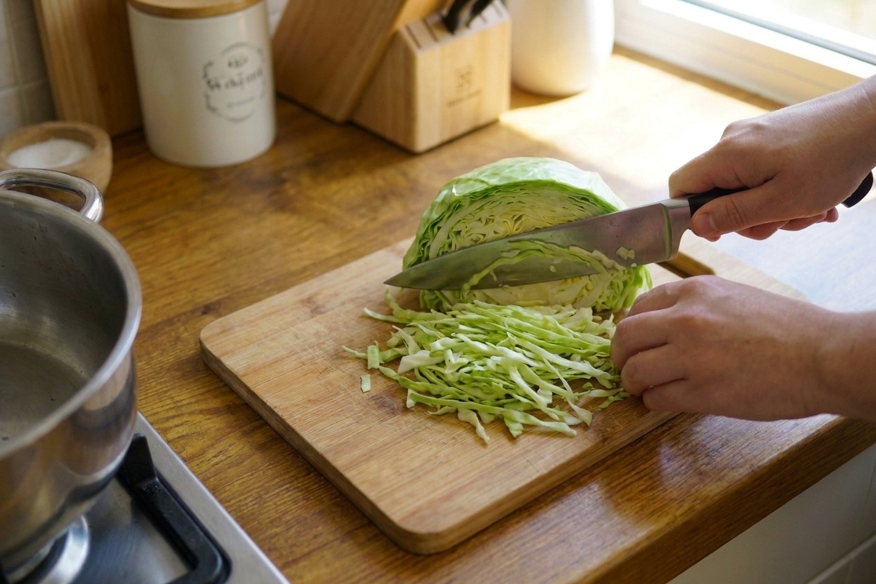 Half a green cabbage being thinly sliced on a wooden cutting board with a chef’s knife on a bright kitchen counter