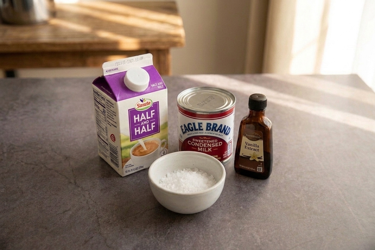 Half-and-half, sweetened condensed milk, vanilla extract, and a small bowl of salt arranged on a tidy kitchen counter