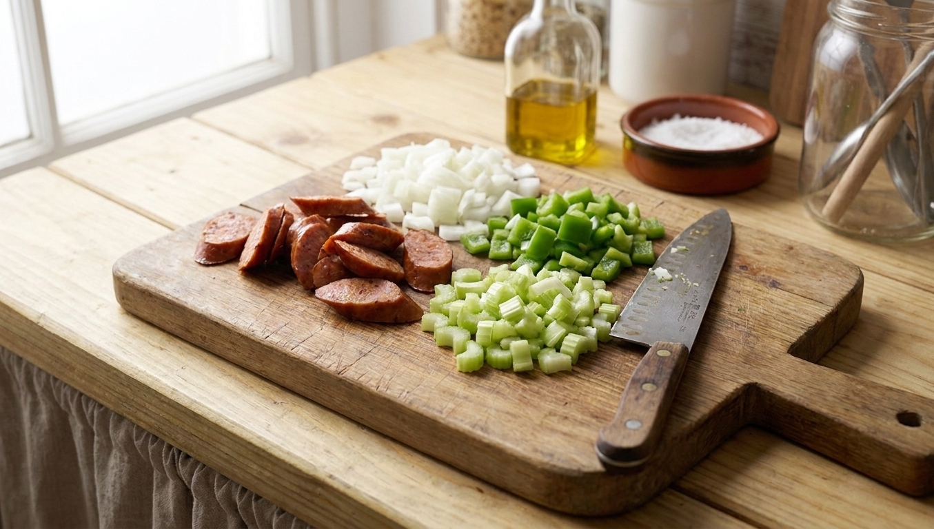 Half-moon slices of andouille sausage on a wooden cutting board with a chef's knife and diced onion, bell pepper, and celery nearby