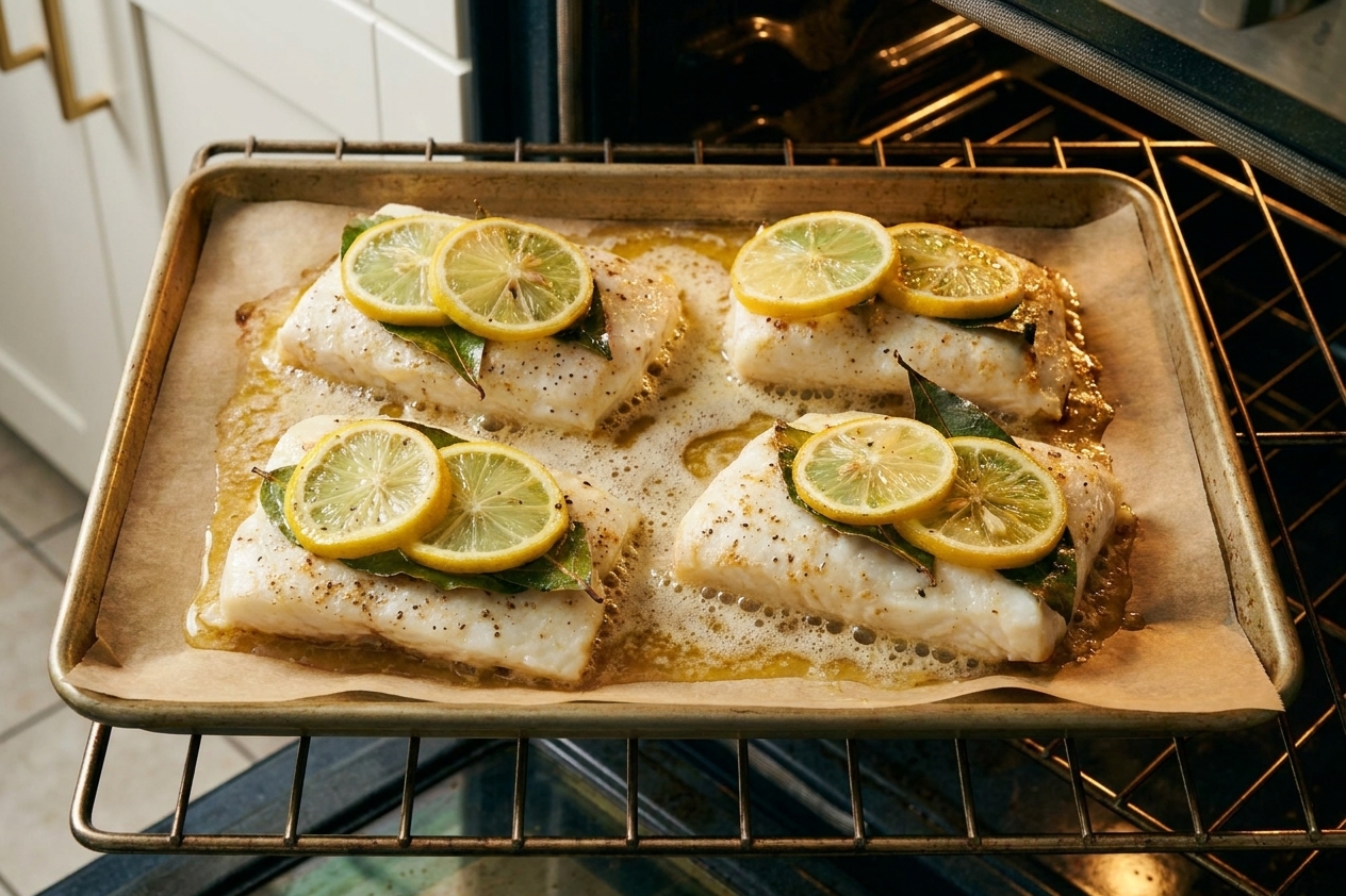 Halibut fillets baking on a sheet pan with lemon slices and bubbling butter sauce