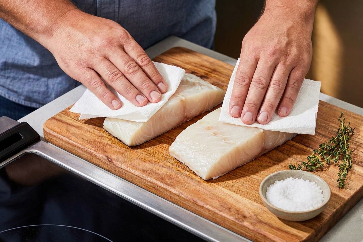 Halibut fillets being patted dry with paper towels on a cutting board in a home kitchen