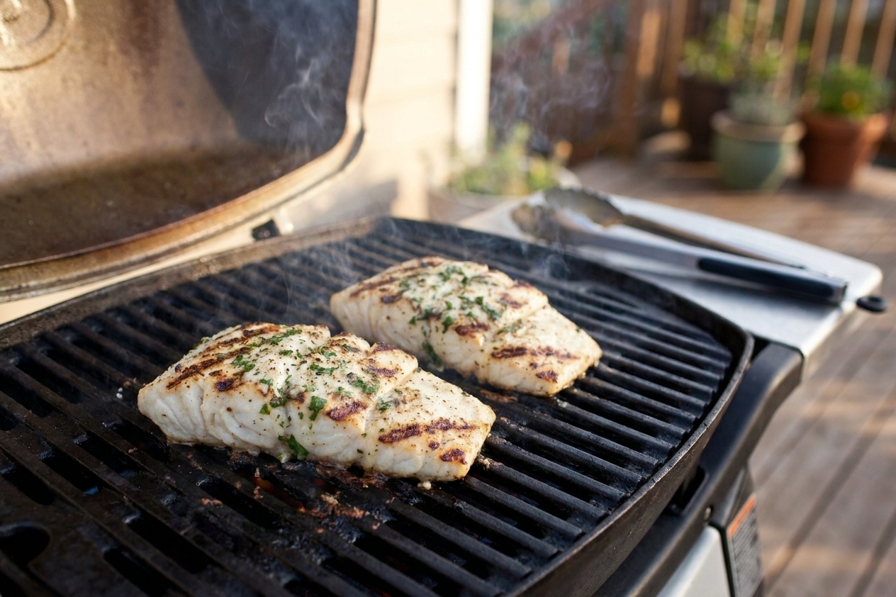 Halibut fillets cooking on hot grill grates with visible char marks forming, lid open, outdoor grilling scene