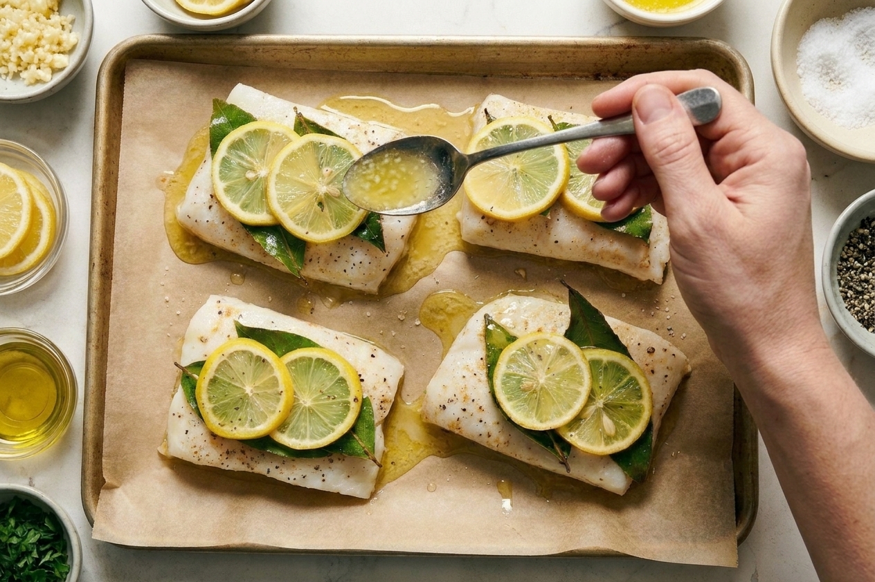 Halibut fillets in a baking dish with lemon slices, minced garlic, melted butter, olive oil, and herbs arranged neatly before baking