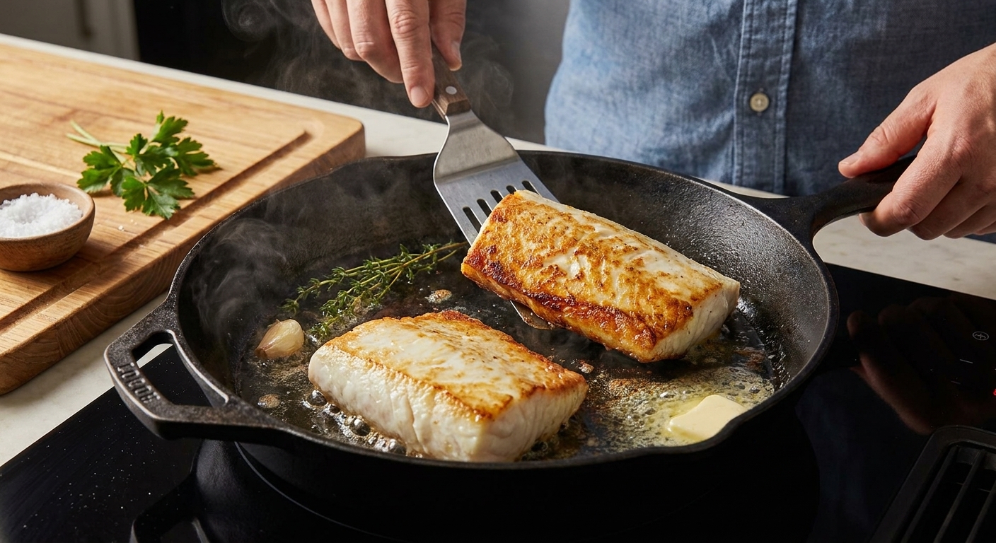 Halibut fillets searing in a skillet with browned edges forming on the underside