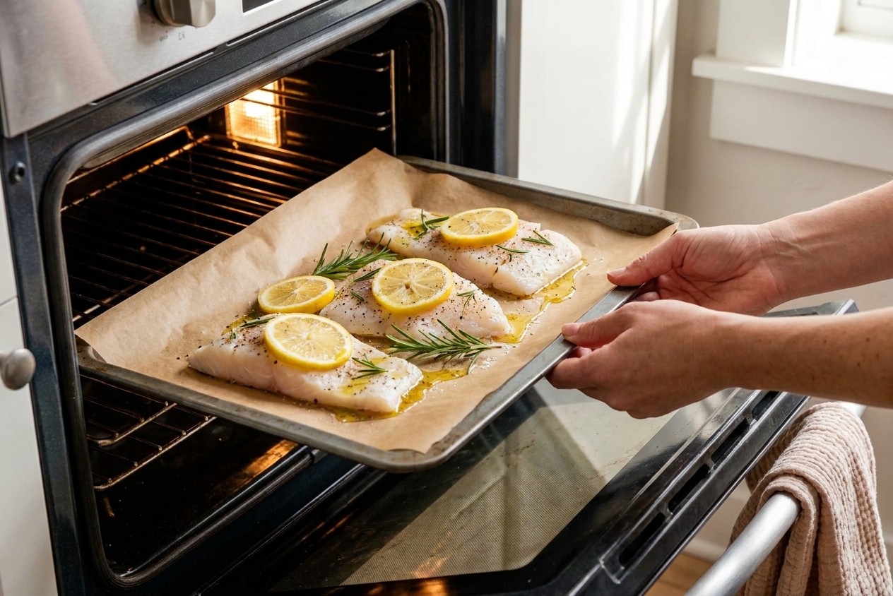 Halibut fillets seasoned on a parchment-lined baking sheet being slid into a hot oven