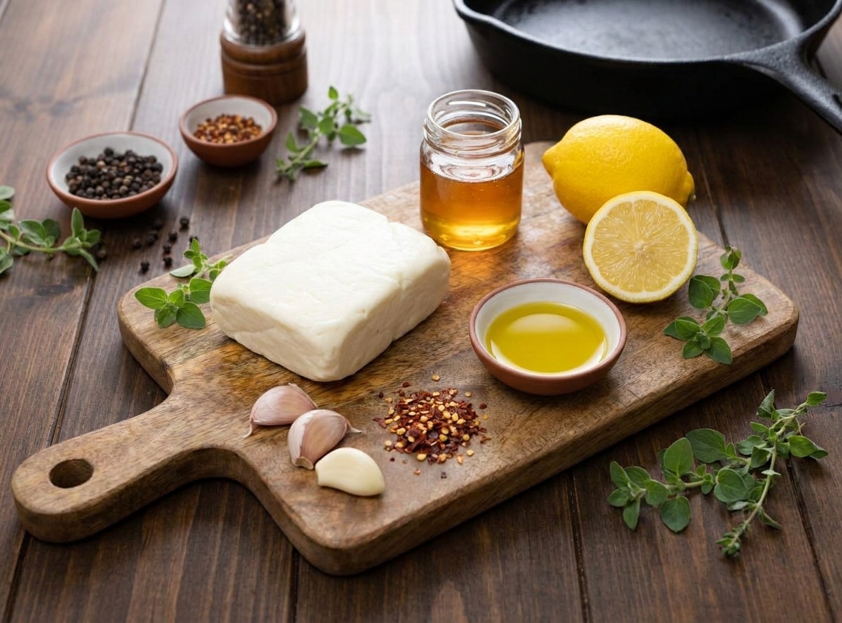 Halloumi block, lemon, honey, olive oil, garlic, chili flakes, and black pepper arranged on a clean kitchen counter with a cutting board