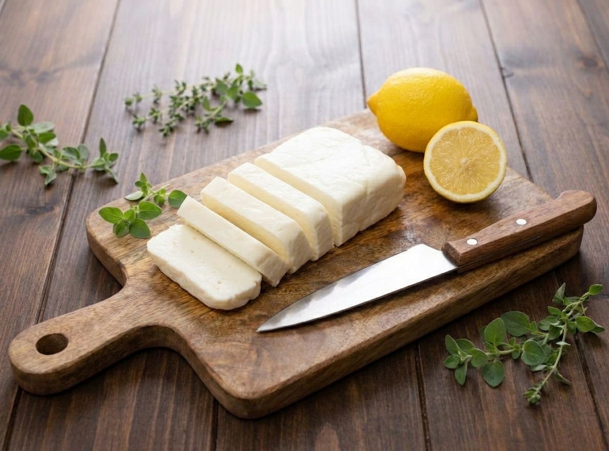 Halloumi sliced into even planks on a wooden cutting board beside a knife and a lemon