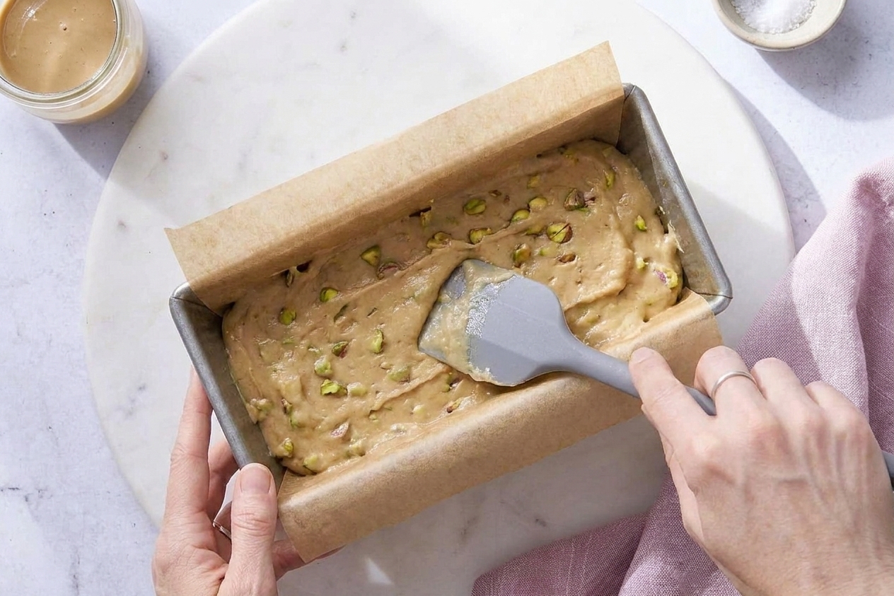 Halva mixture being pressed flat into a parchment-lined loaf pan with a rubber spatula