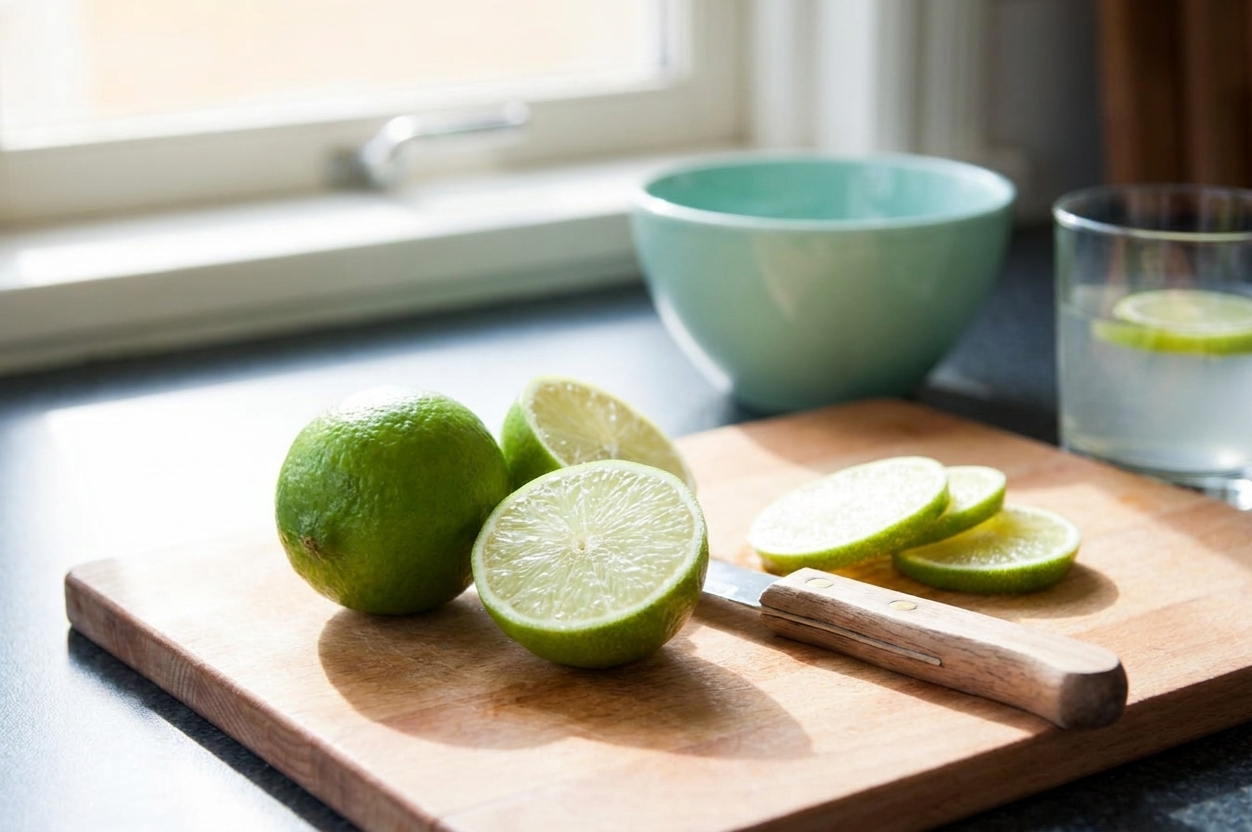 Halved and whole limes on a wooden cutting board with a small paring knife on a bright kitchen counter