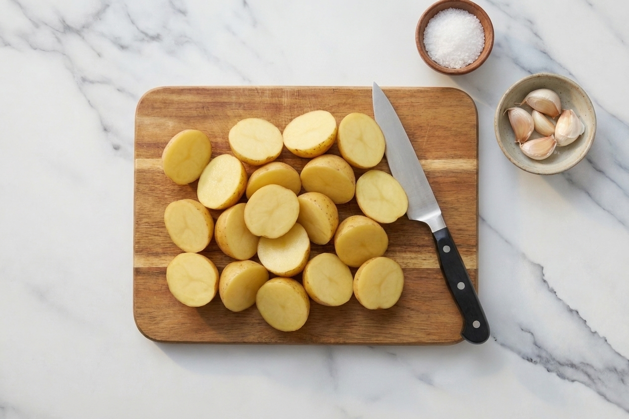 Halved baby Yukon Gold potatoes on a wooden cutting board with a chef's knife, kosher salt, and a small bowl of garlic nearby