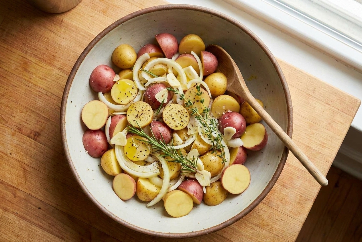 Halved baby potatoes and sliced onion in a large bowl with sliced garlic and seasonings on a light kitchen counter