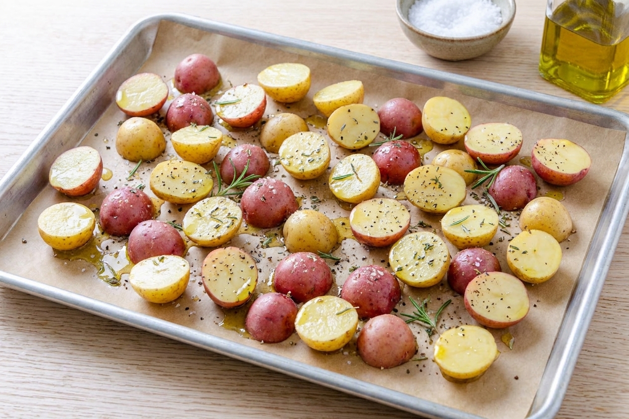 Halved baby potatoes tossed with olive oil and seasonings spread across a parchment-lined sheet pan before roasting