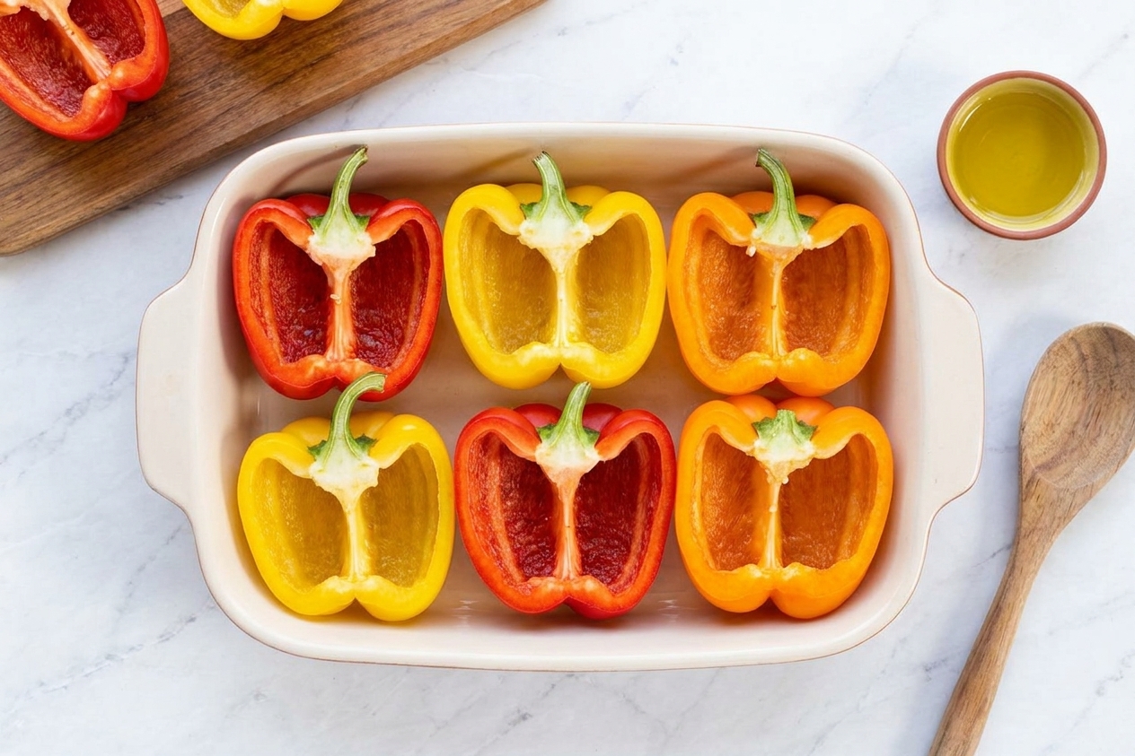 Halved bell peppers with seeds removed arranged cut-side up in a ceramic baking dish on a kitchen counter