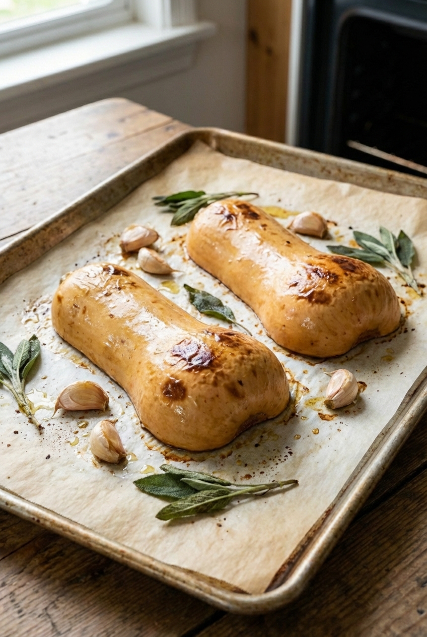 Halved butternut squash roasting cut-side down on a parchment-lined baking sheet with garlic and sage