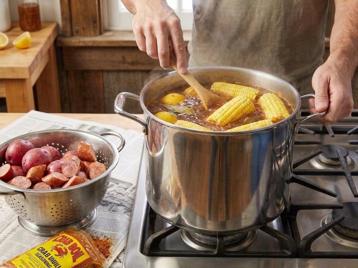 Halved corn cobs boiling in a large pot of seasoned water on the stove