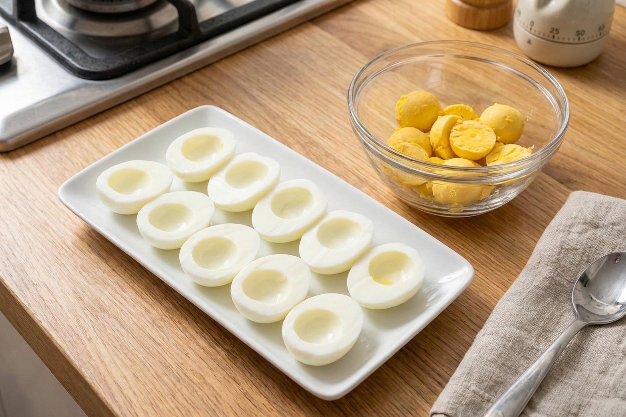 Halved egg whites arranged on a simple white platter, yolks set aside in a bowl