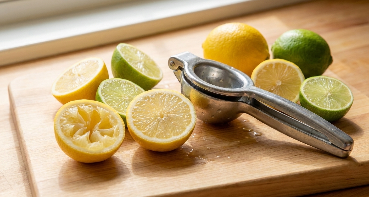 Halved lemons and limes on a cutting board with a handheld citrus press on a kitchen counter