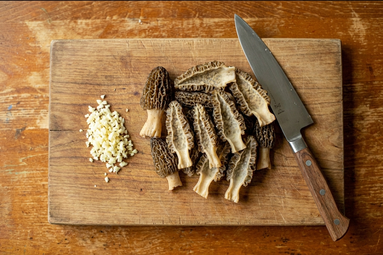 Halved morel mushrooms on a wooden cutting board with a chef's knife and a small pile of minced garlic