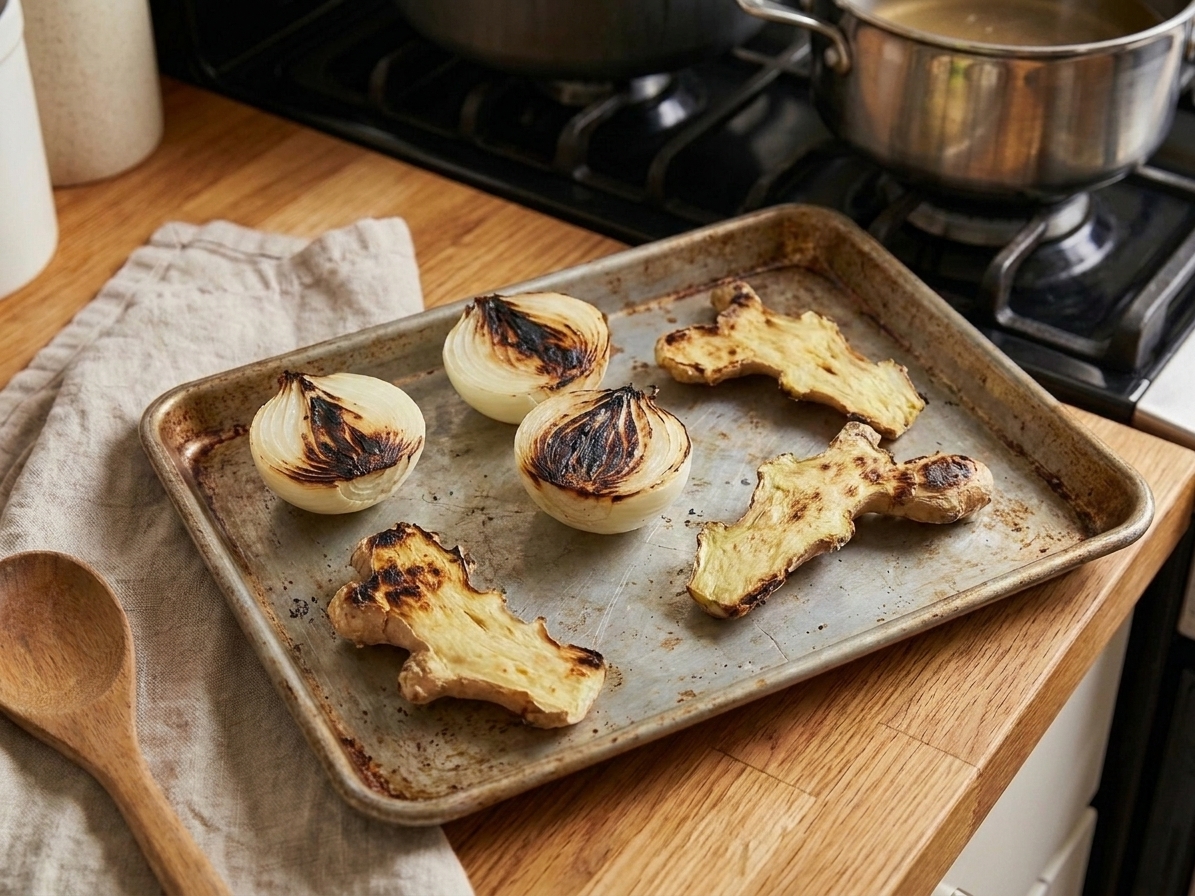 Halved onion and split ginger charred on a sheet pan under a broiler with dark toasted edges