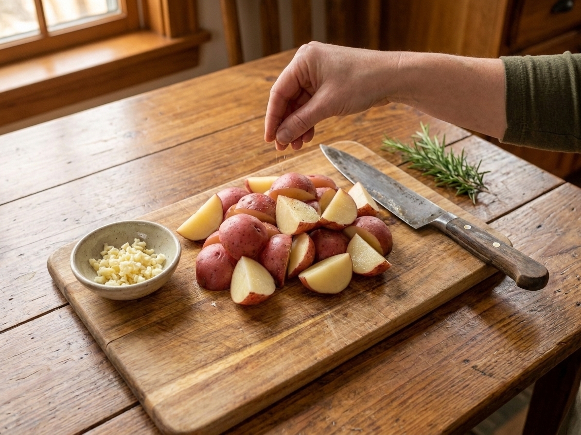 Halved scarlet potatoes on a wooden cutting board with a chef’s knife and a small pile of minced garlic, ready for seasoning on a home kitchen counter