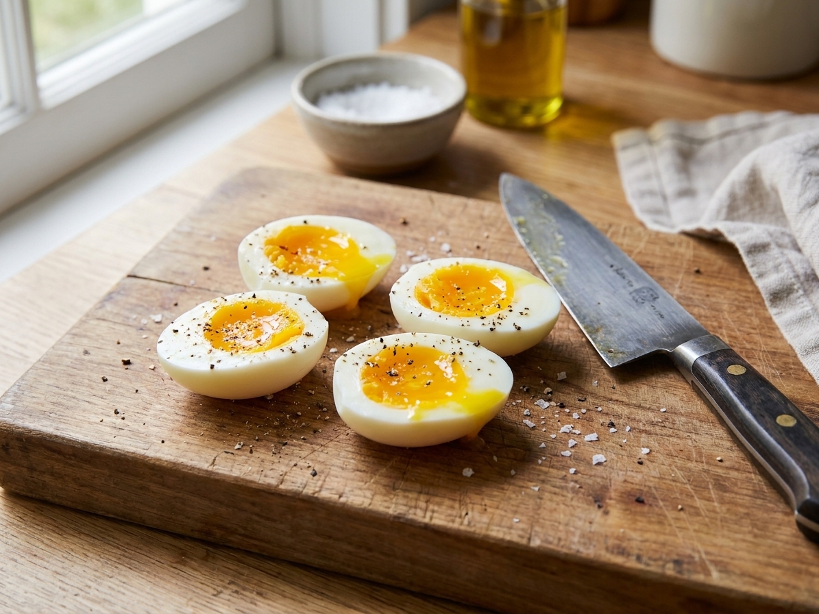 Halved soft-boiled eggs with slightly jammy yolks on a cutting board with a chef’s knife