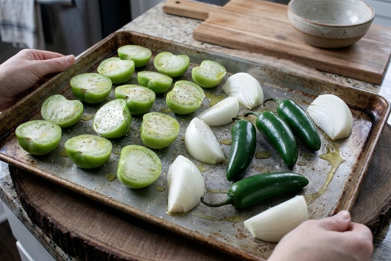 Halved tomatillos arranged cut-side down on a sheet pan with onion wedges and whole jalapeños before roasting