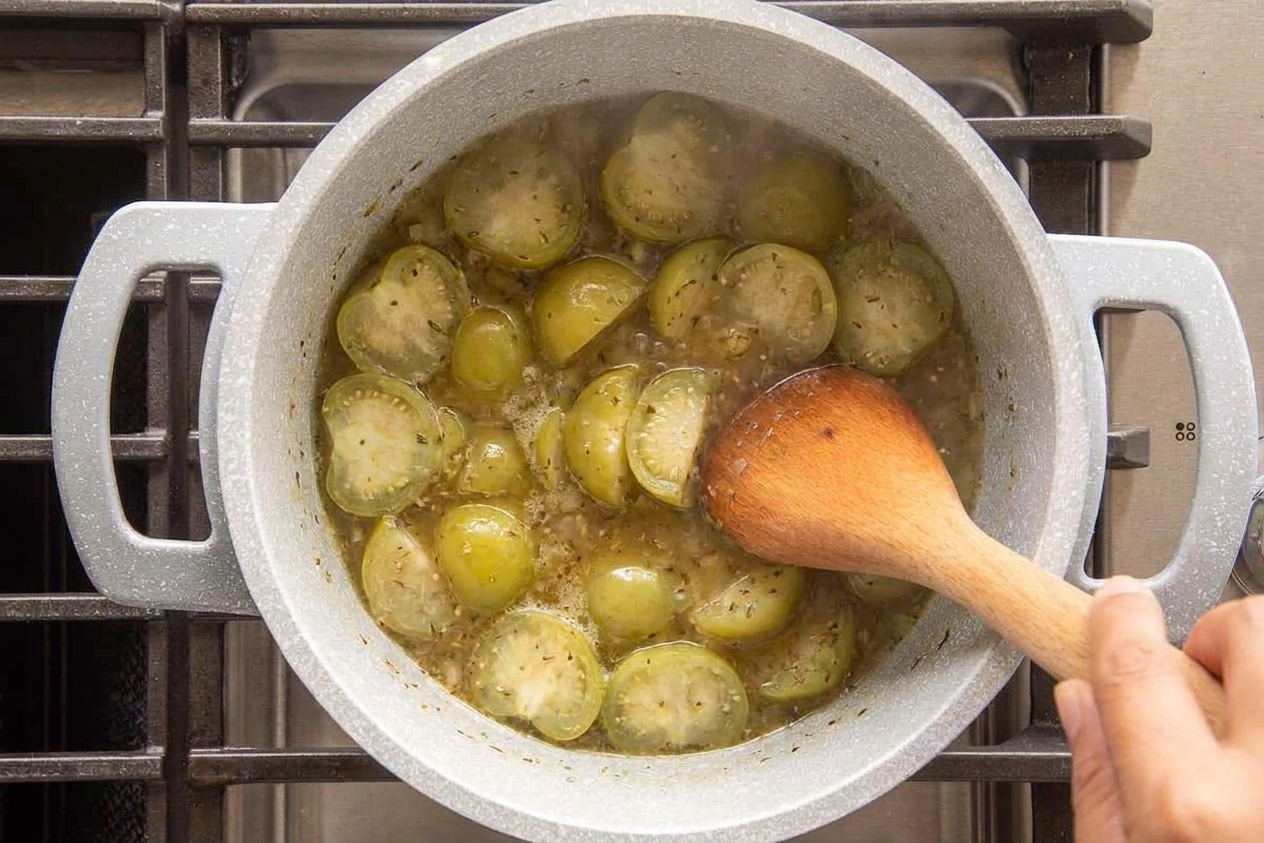 Halved tomatillos simmering in broth in a pot on the stove