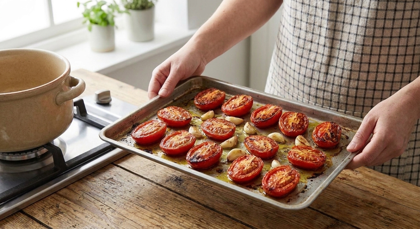 Halved tomatoes and garlic cloves roasting on a sheet pan with browned edges.
