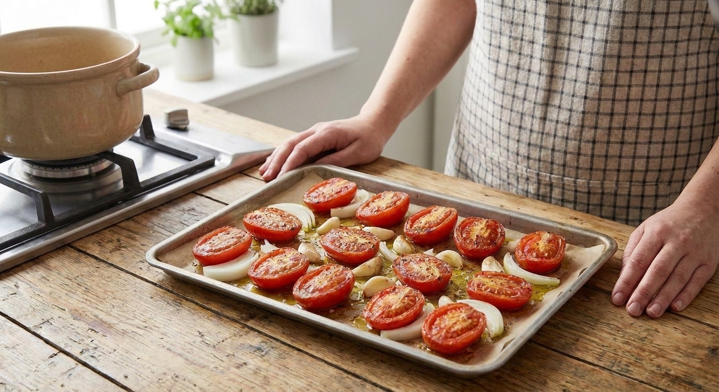 Halved tomatoes, onion slices, and garlic cloves tossed with olive oil and salt on a parchment-lined sheet pan before roasting.