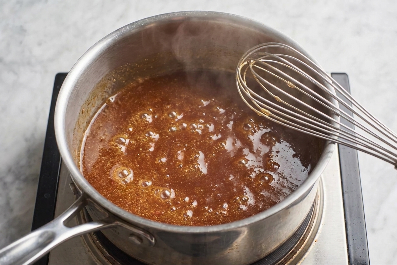 Ham glaze simmering in a small saucepan on a stovetop with a whisk resting on the rim